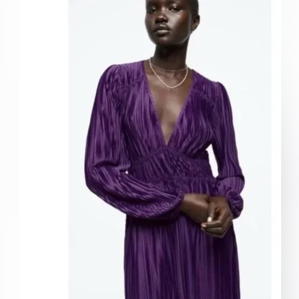 Zara Deep Purple Pleated V-Neck Maxi Dress